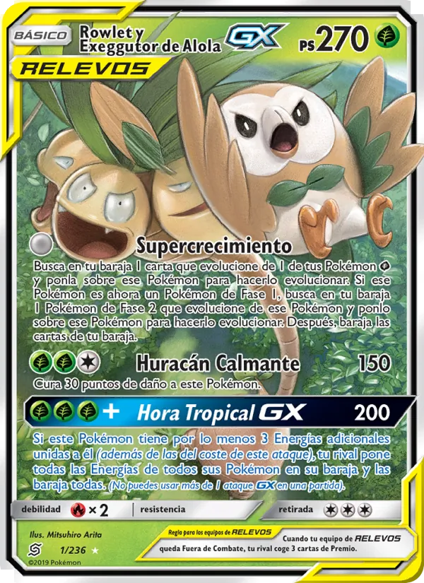 Rowlet y Exeggutor de Alola GX (Mentes Unidas #1/236)